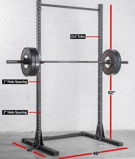 The Rogue S-2 Squat Stand features Westside hole spacing.